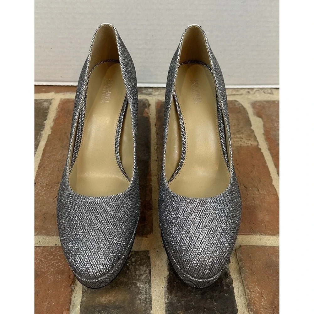 Michael Kors Silver Glitter Chantal Platform Pumps High Heel Shoes Women's 8.5